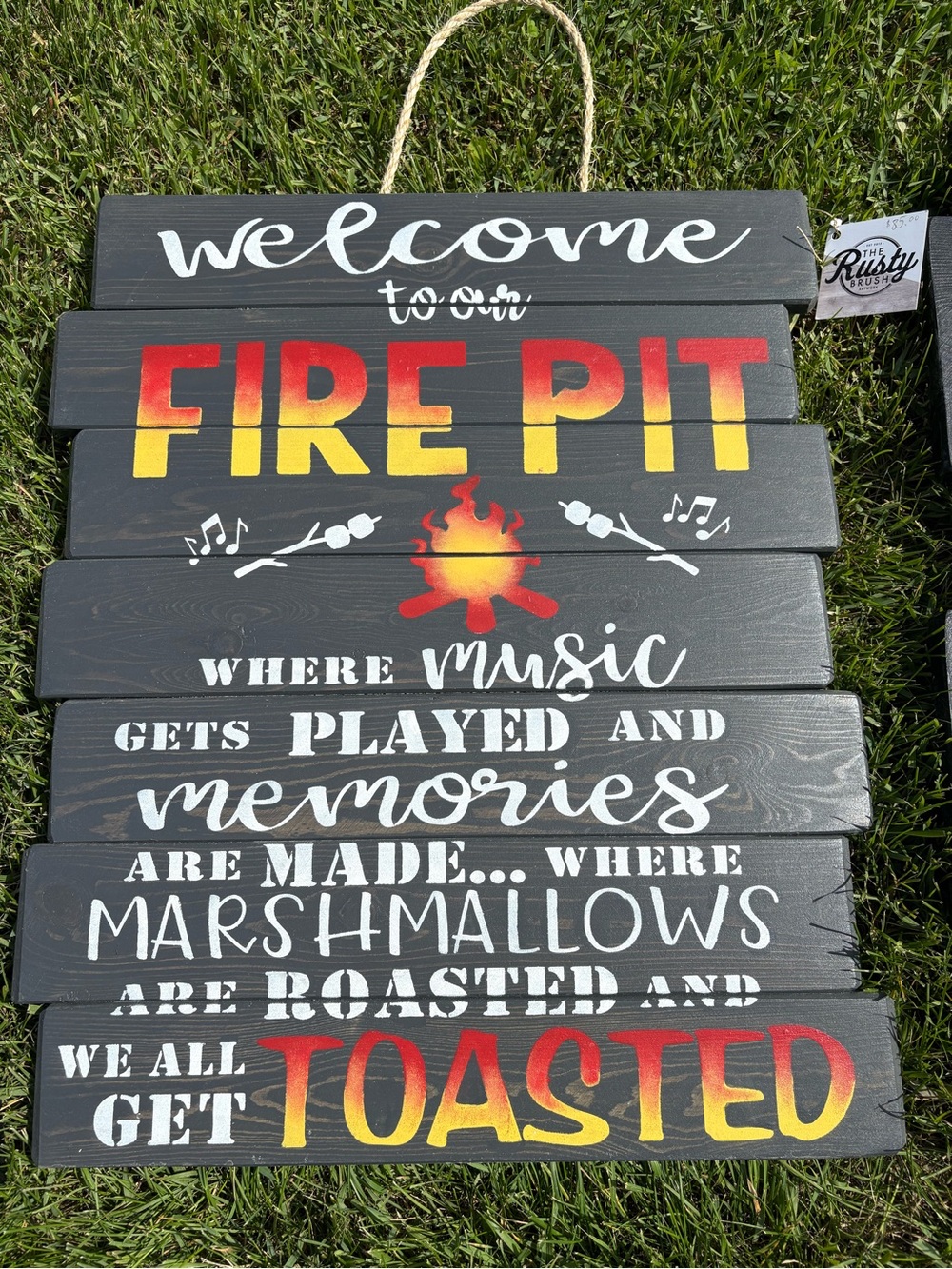 Welcome to Our Fire Pit Sign - Black with Red & Yellow Accents